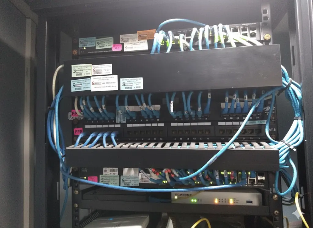 Vista de un rack con patch panels, switch y cables de red organizados, usado para la gestión de conexiones en una empresa.