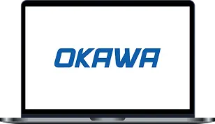 Mockup de una laptop mostrando el logo de Okawa.